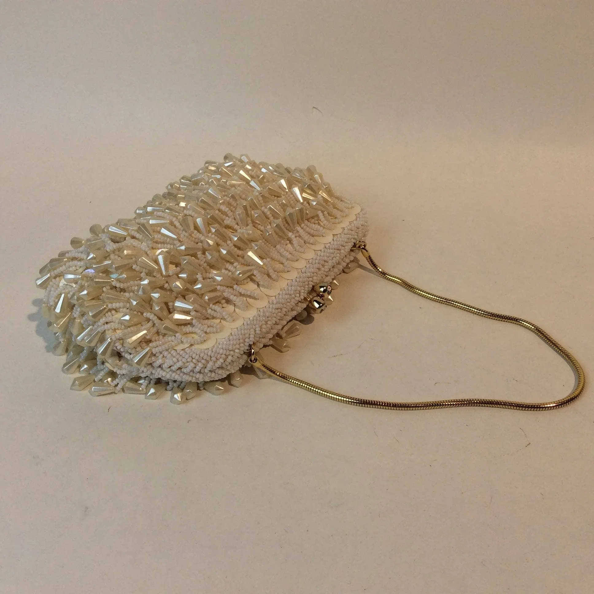 1960's Ivory Bead and Sequin Evening Clutch Bag