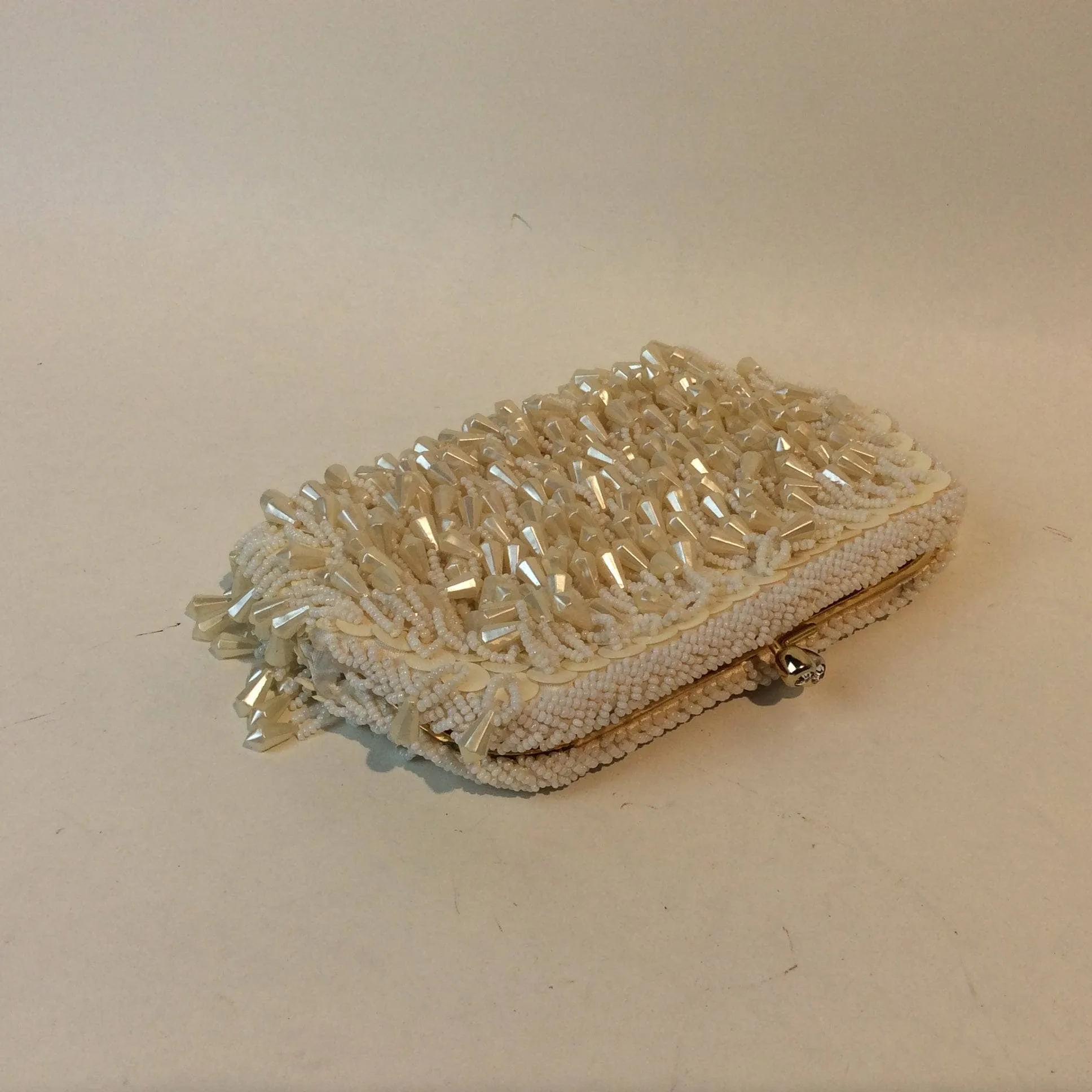 1960's Ivory Bead and Sequin Evening Clutch Bag