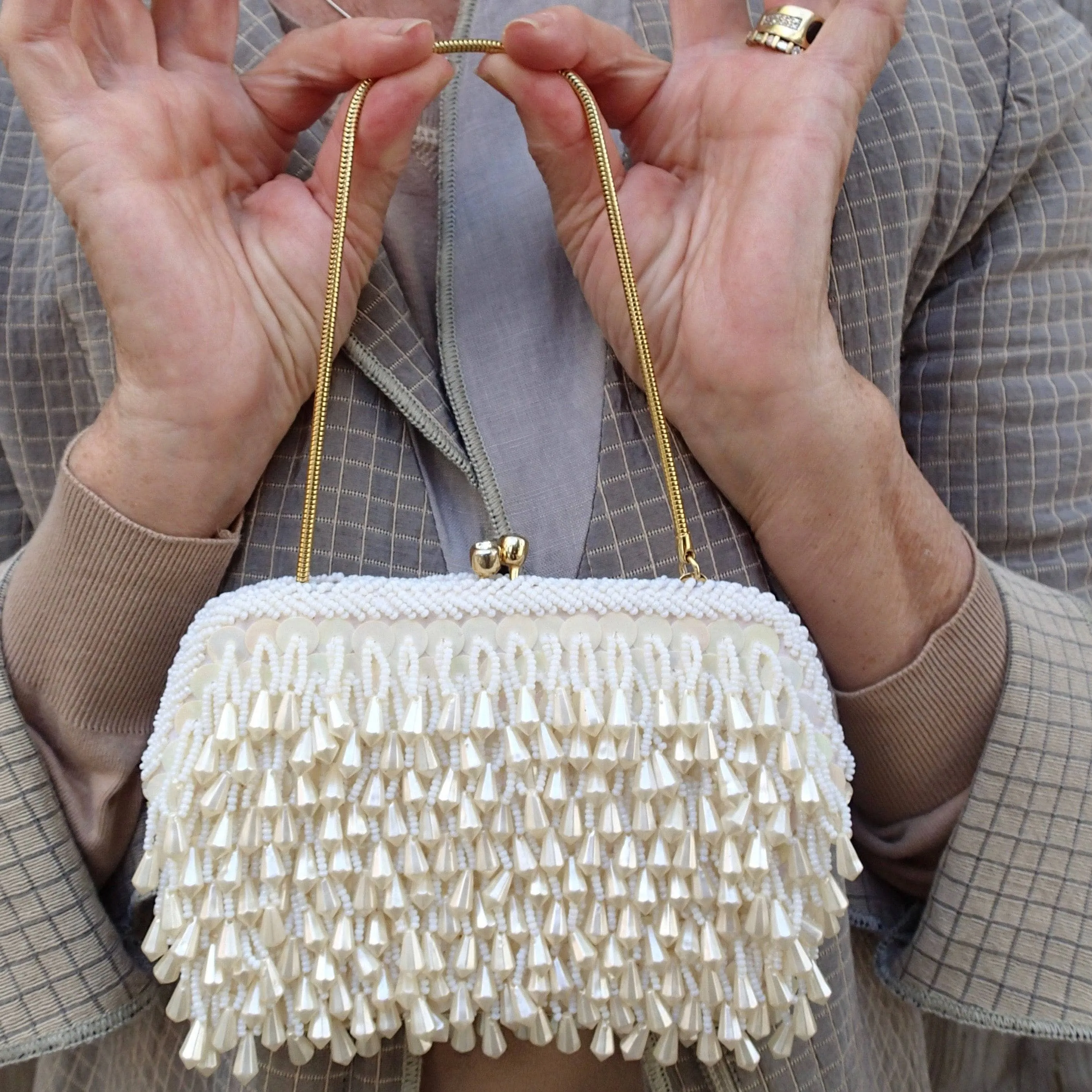 1960's Ivory Bead and Sequin Evening Clutch Bag