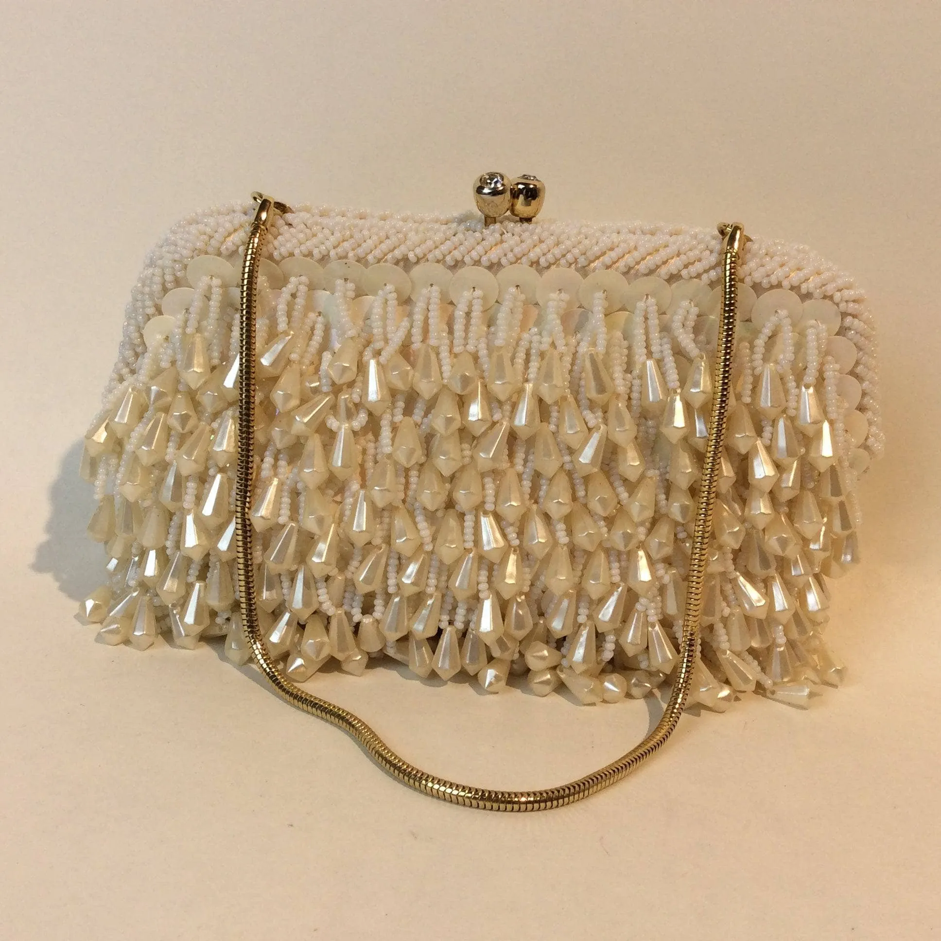 1960's Ivory Bead and Sequin Evening Clutch Bag