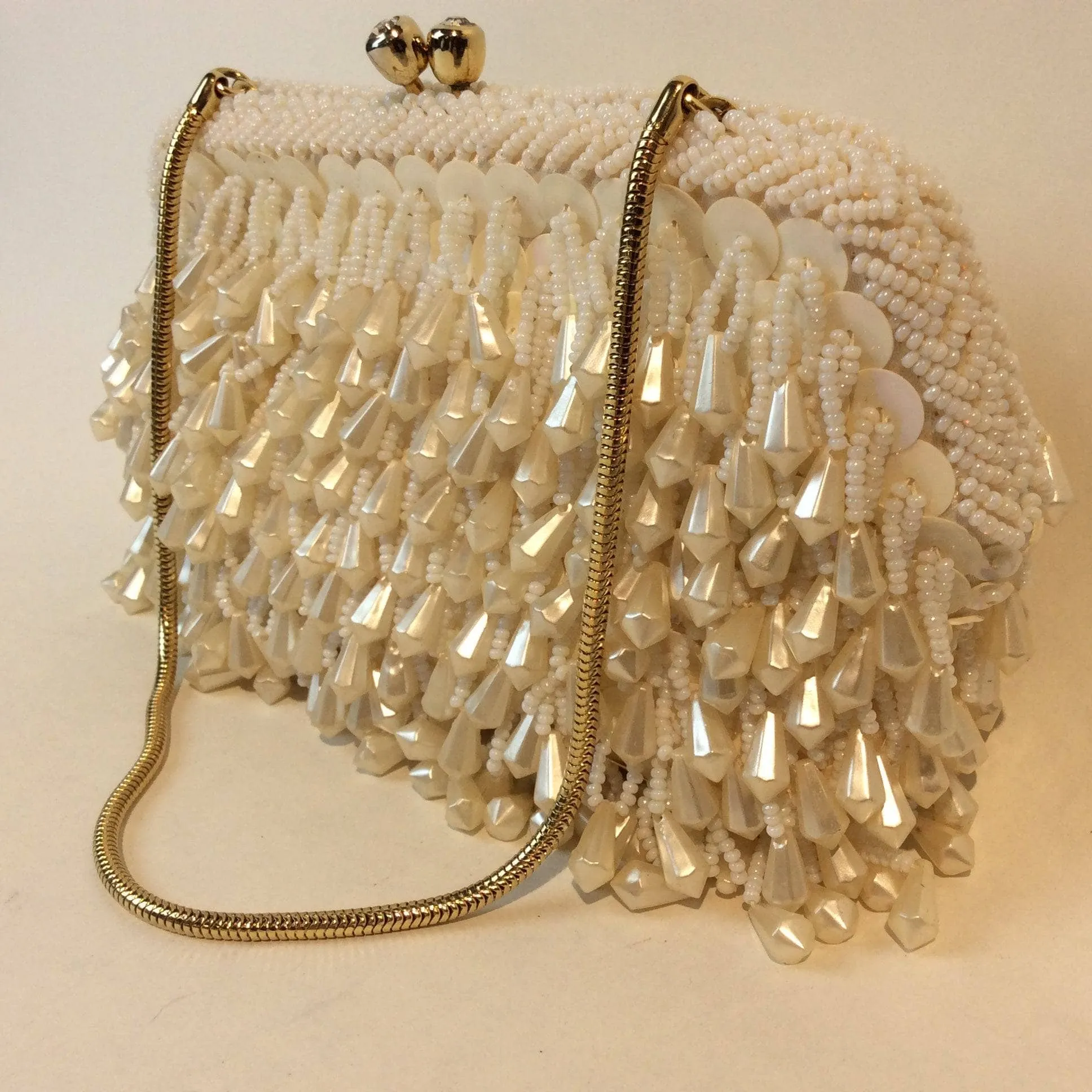 1960's Ivory Bead and Sequin Evening Clutch Bag