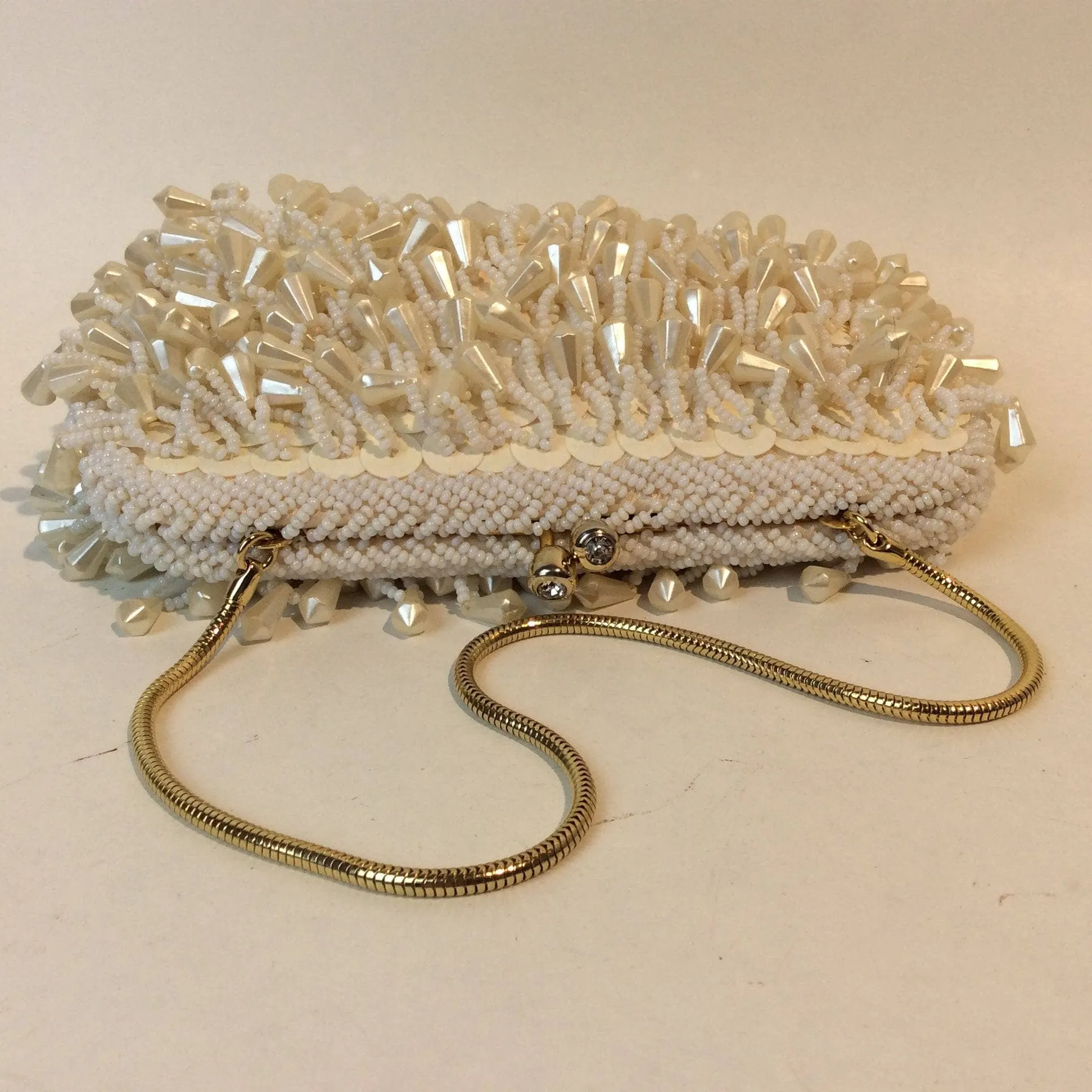 1960's Ivory Bead and Sequin Evening Clutch Bag