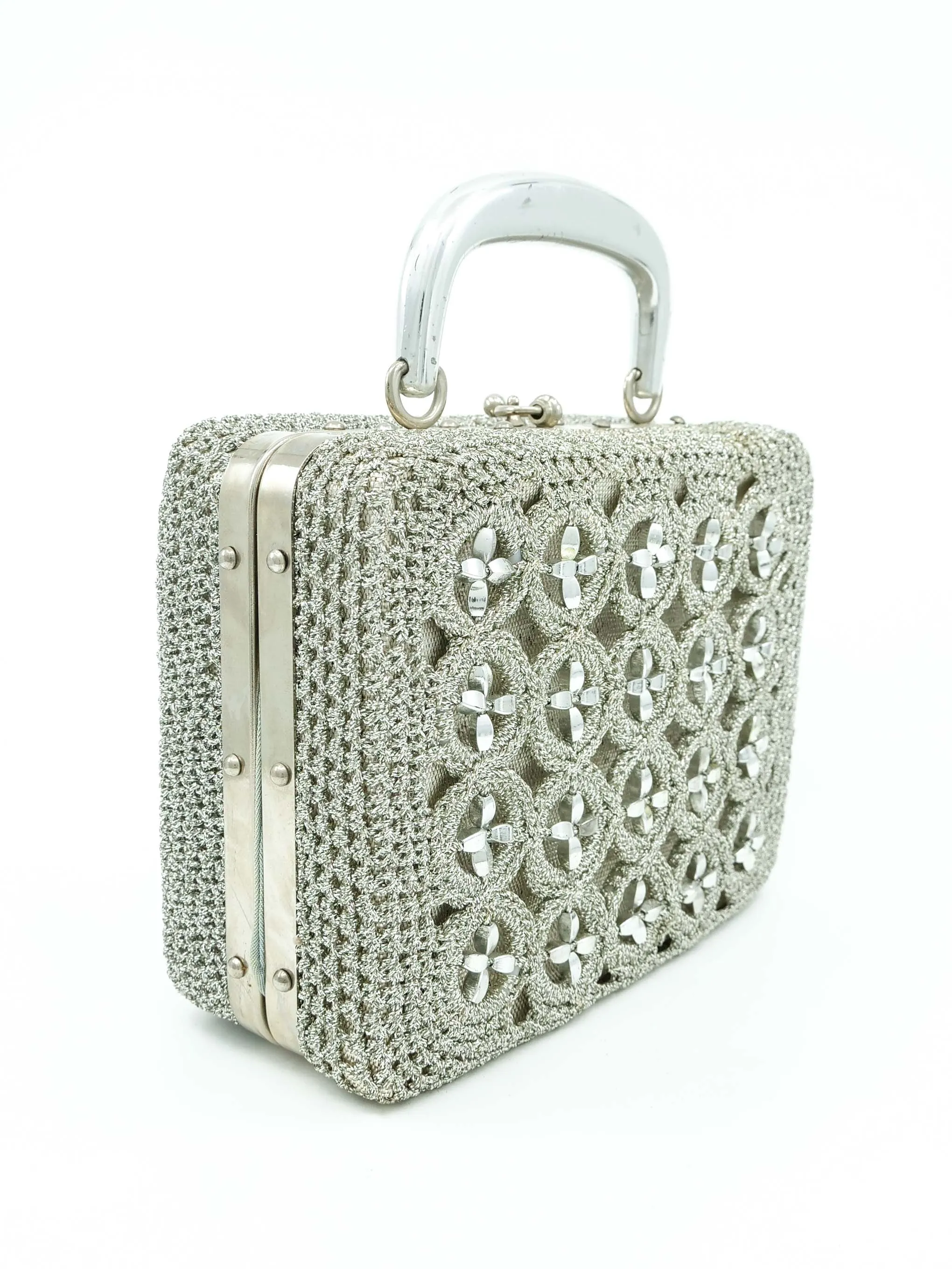 1960s Silver Crochet Box Bag