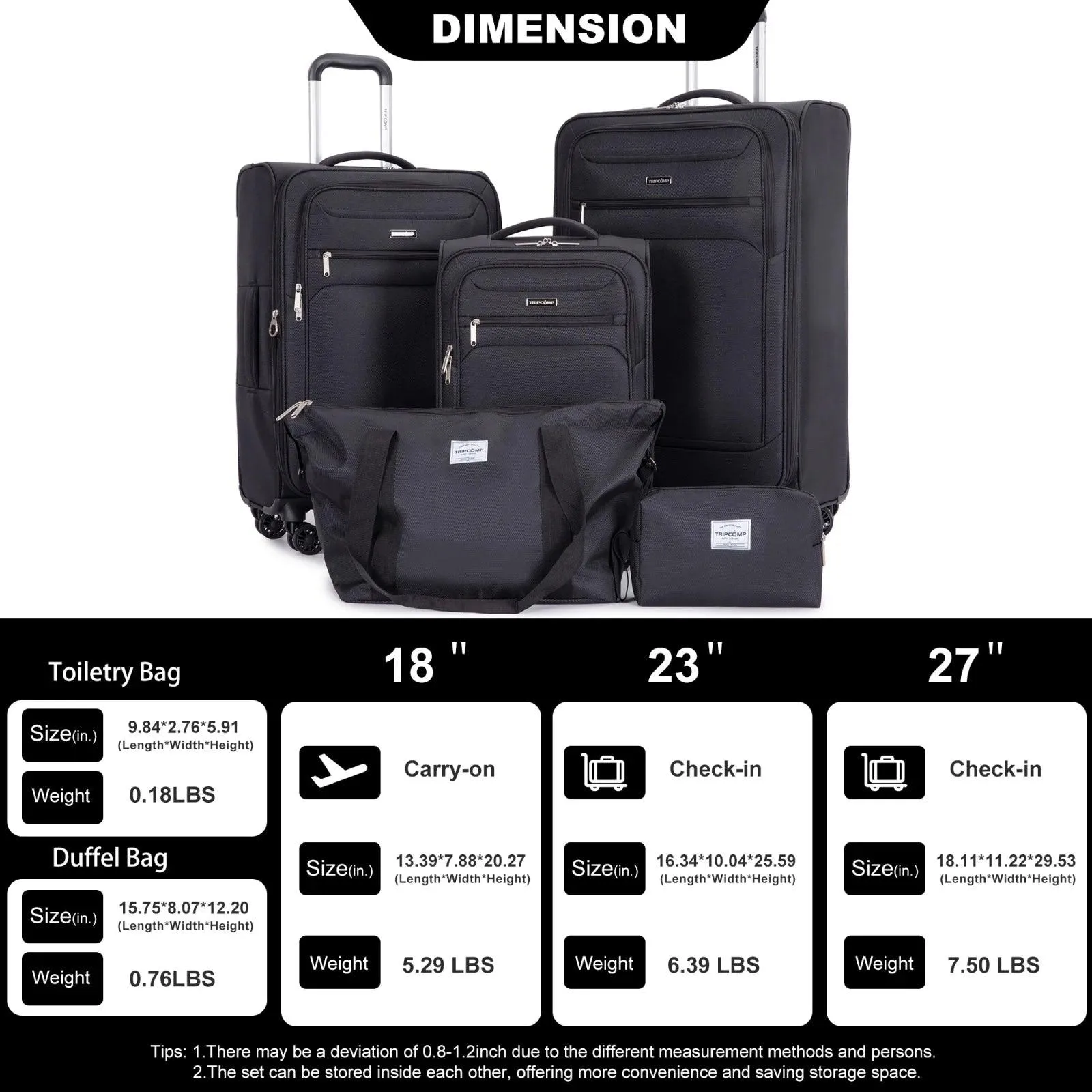 5-Piece Expandable Soft side Luggage Set with Spinner Wheels & Travel Duffel Bag