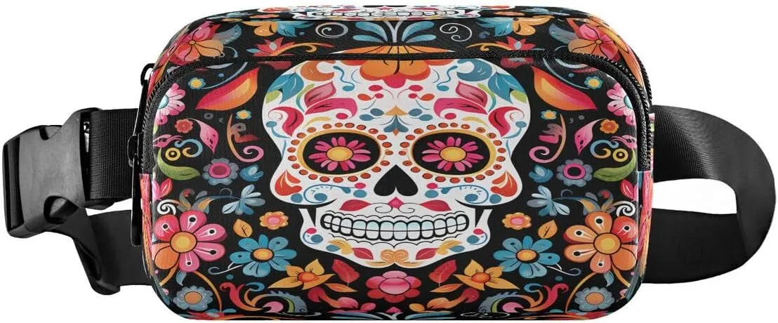ALAZA Halloween Sugar Skull Flower Floral Waist Packs Spot Belt Bag Crossbody Bag Fanny Pack Pouch for Men Women Hiking Running Cycling Traveling