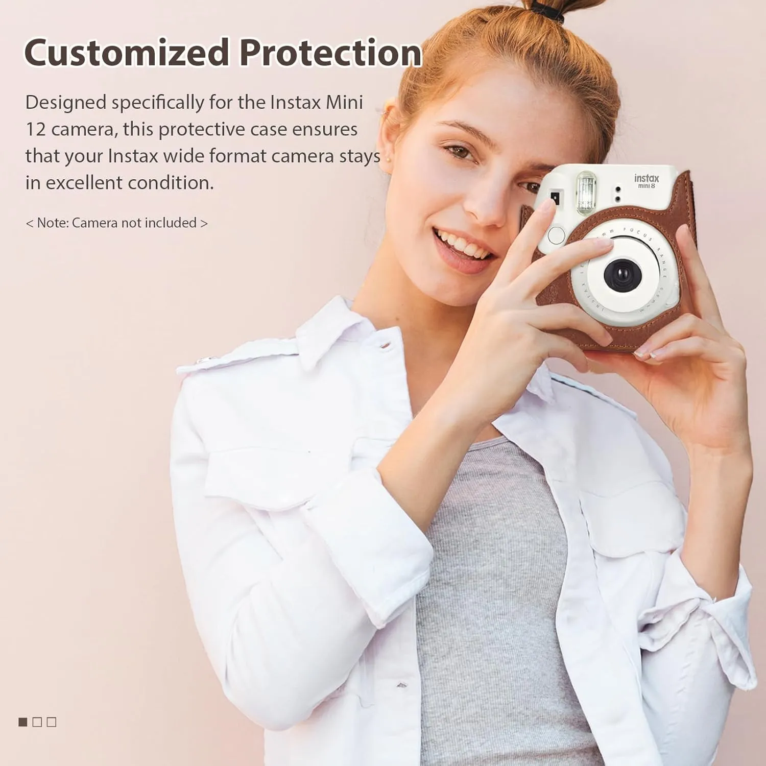 Andoer Instant Camera Storage Case Camera Bag PU Leather Magnetic Buckle with Shoulder Strap Compatible with Fujifilm Instax Mini 12/11/9/8, White, Compact