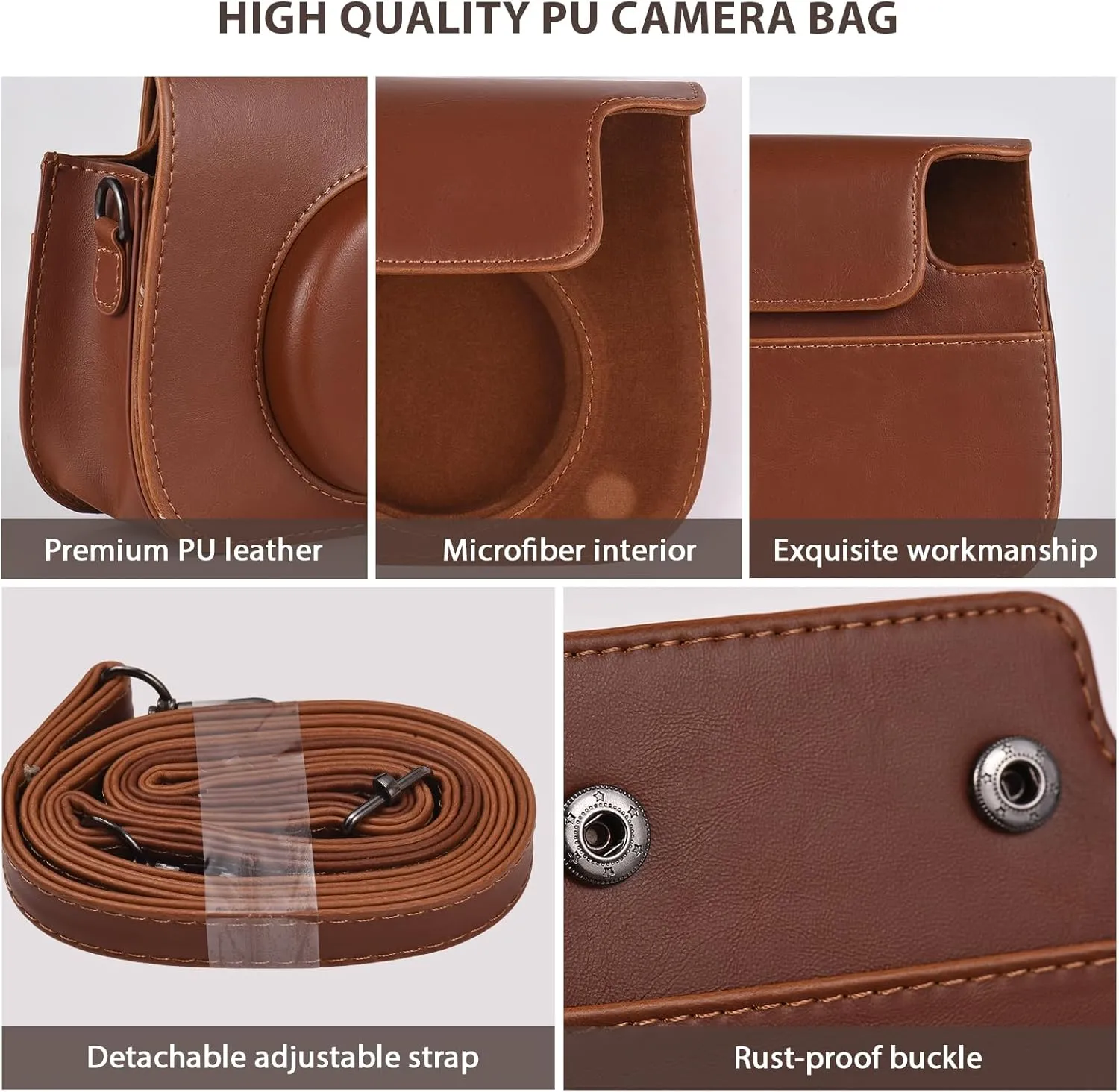 Andoer Instant Camera Storage Case Camera Bag PU Leather Magnetic Buckle with Shoulder Strap Compatible with Fujifilm Instax Mini 12/11/9/8, White, Compact