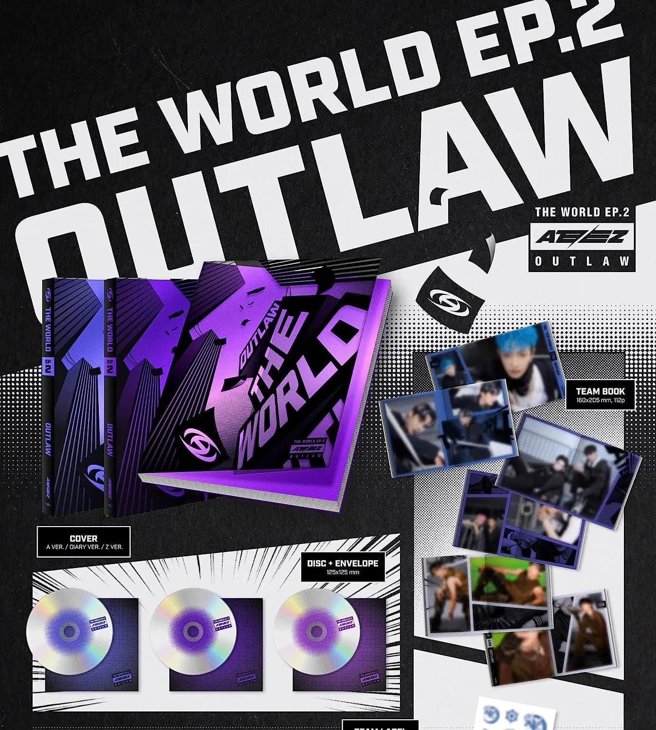 ATEEZ The World EP.2 : OUTLAW 9th Mini Album CD Teambook Teamlabel Teammark Emergency kit Partner card Photocard Action card Tracking Sealed (Random)