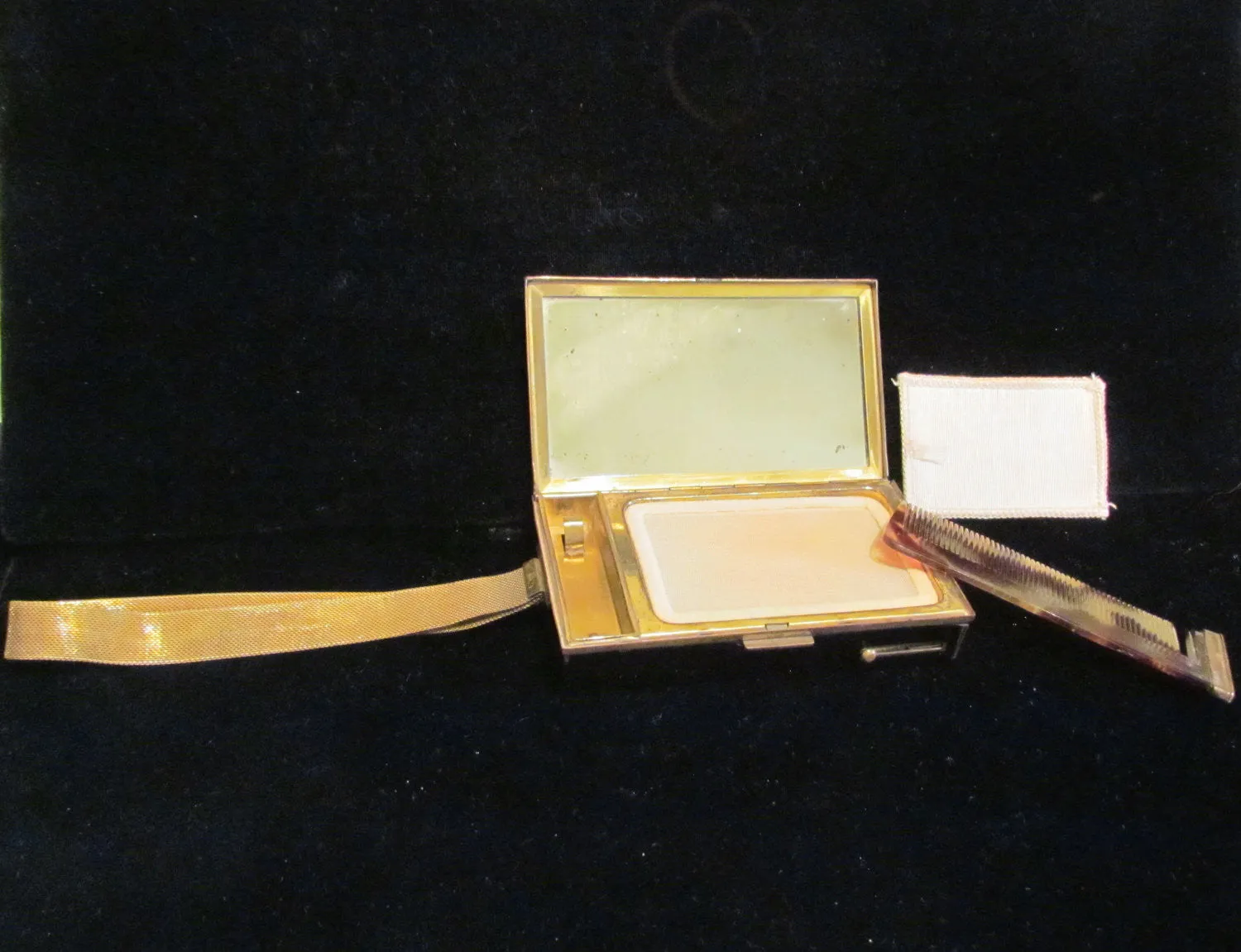 Black & Gold Enamel Compact Purse Art Deco Cigarette Case 1930's Mesh Wristlet Purse