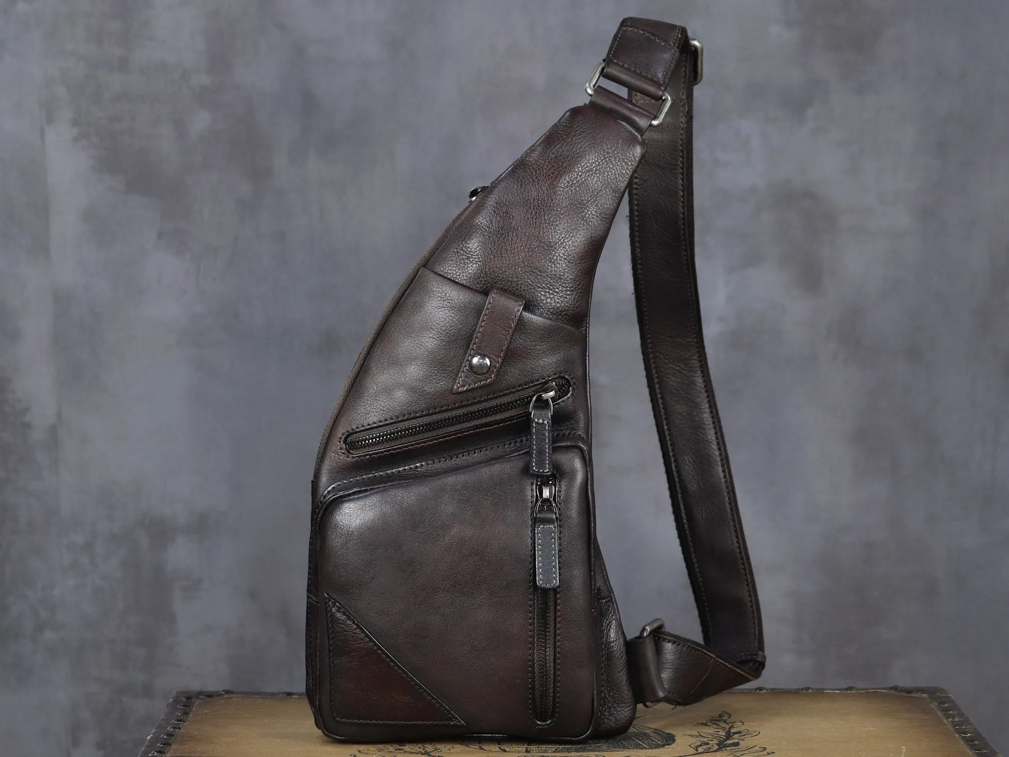 Brown Zipper Leather Sling Bag Crossbody Backpack