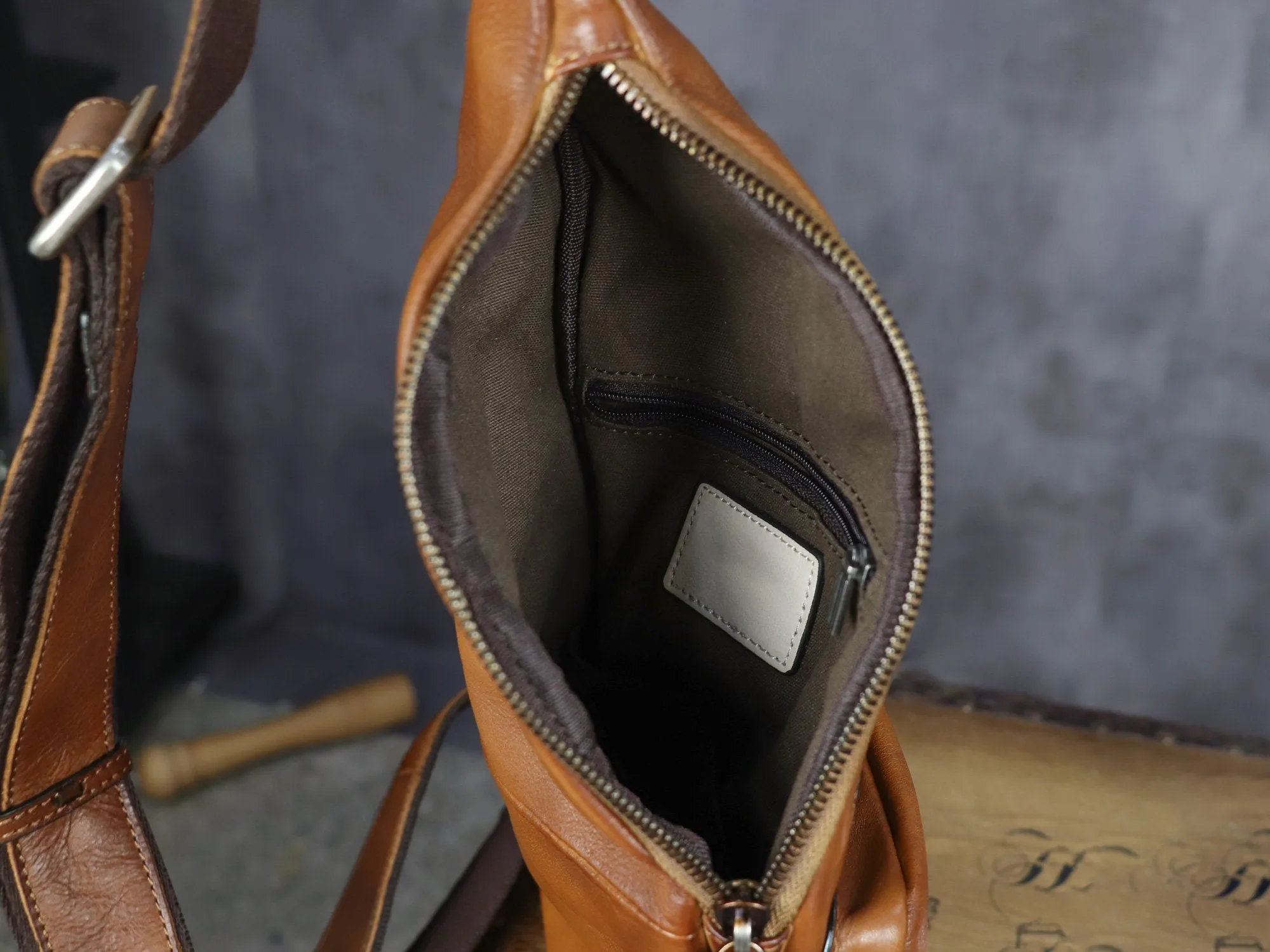 Brown Zipper Leather Sling Bag Crossbody Backpack