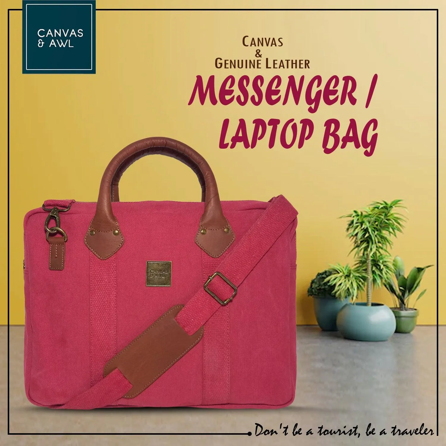 CANVAS & AWL Canvas and Genuine Leather Trim Unisex Laptop Messenger Bag, Travel Crossbody Bag (Wine)