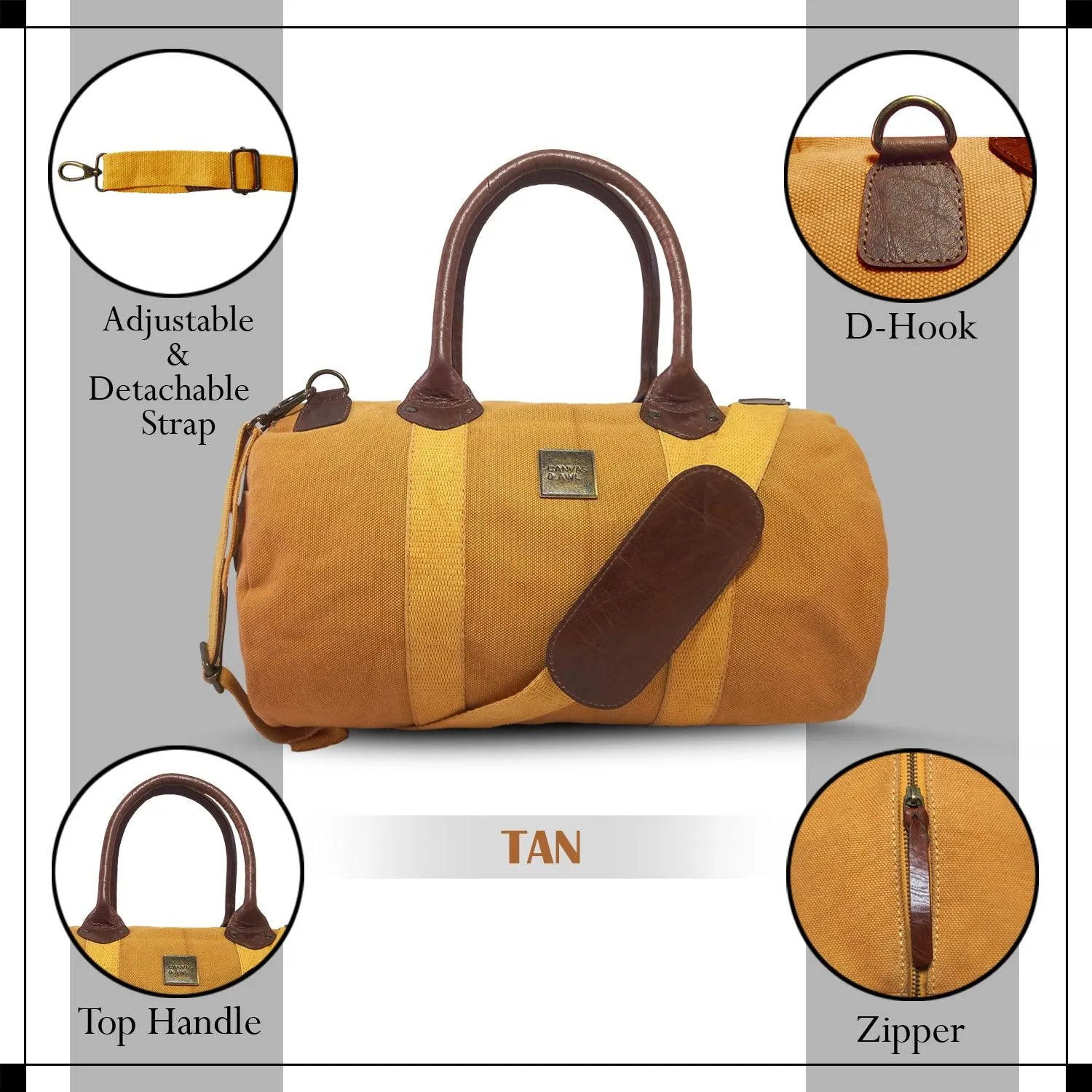 CANVAS & AWL Canvas and Genuine Leather Trim Unisex Travel Duffle Bag, Shoulder Weekender Overnight Bag (Tan)