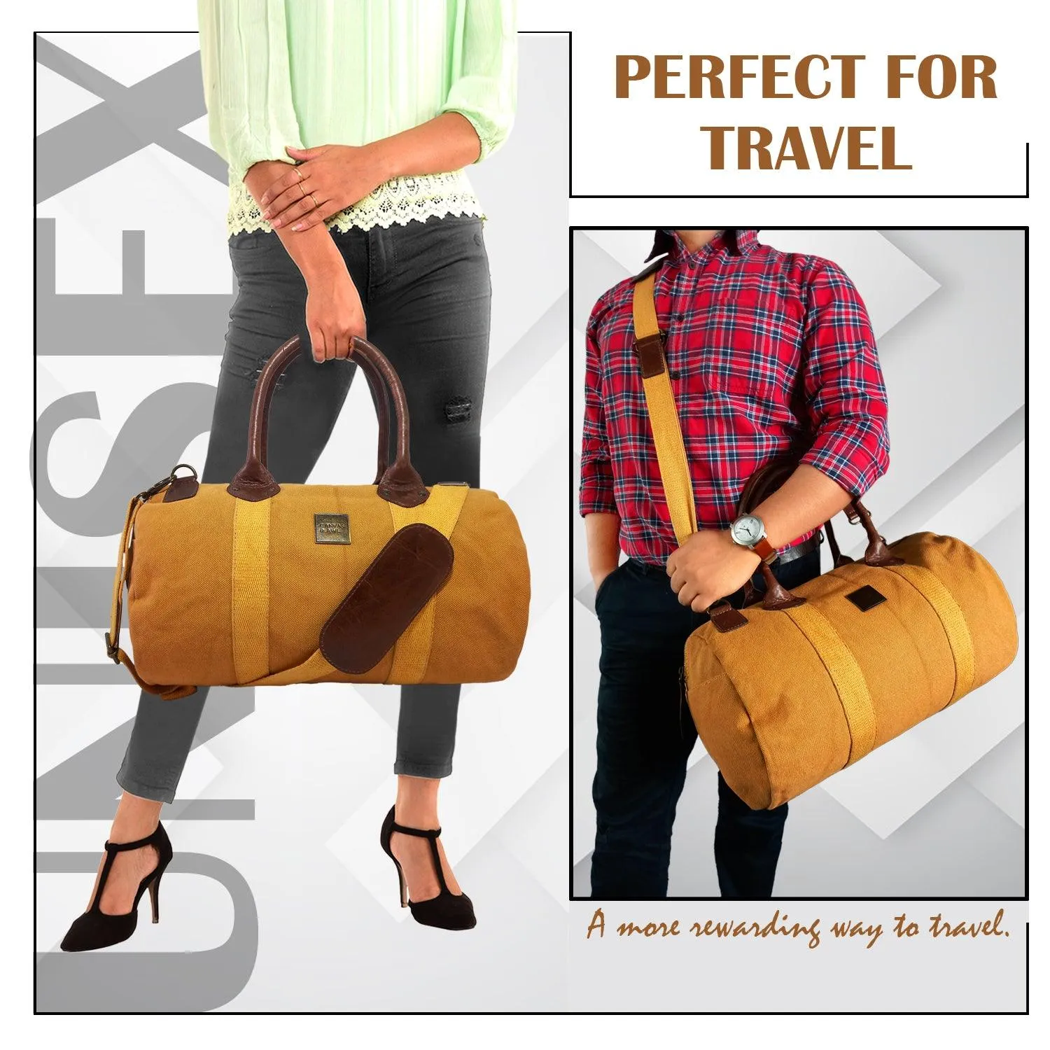 CANVAS & AWL Canvas and Genuine Leather Trim Unisex Travel Duffle Bag, Shoulder Weekender Overnight Bag (Tan)