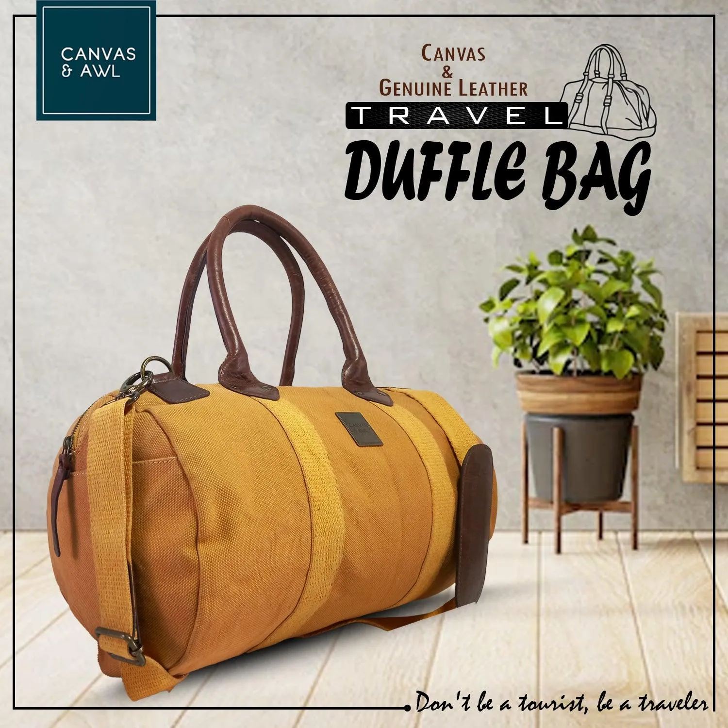 CANVAS & AWL Canvas and Genuine Leather Trim Unisex Travel Duffle Bag, Shoulder Weekender Overnight Bag (Tan)