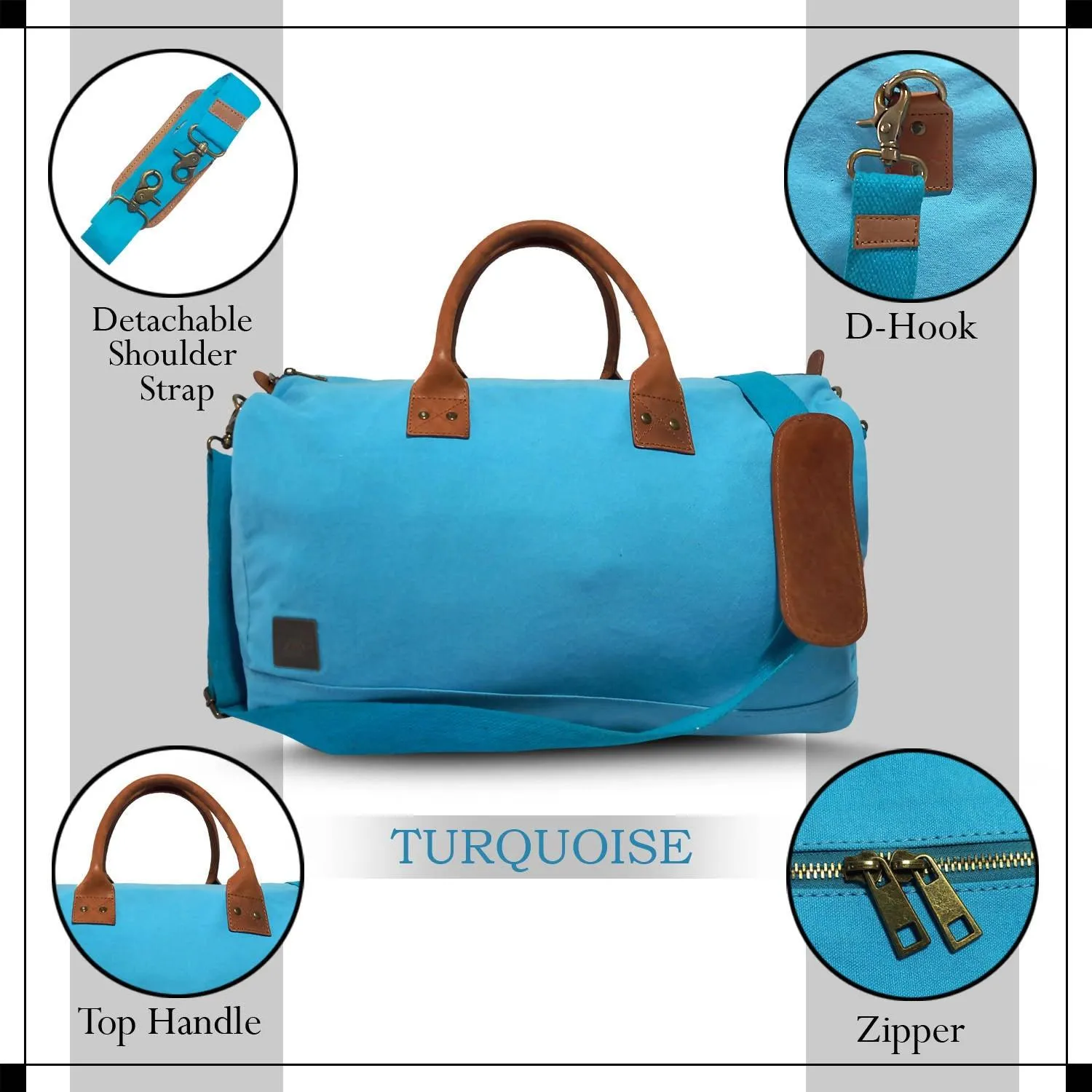 CANVAS & AWL Canvas with Genuine Leather Trim Unisex Travel Duffle Bag, Shoulder Weekender Overnight Bag (Turquoise)
