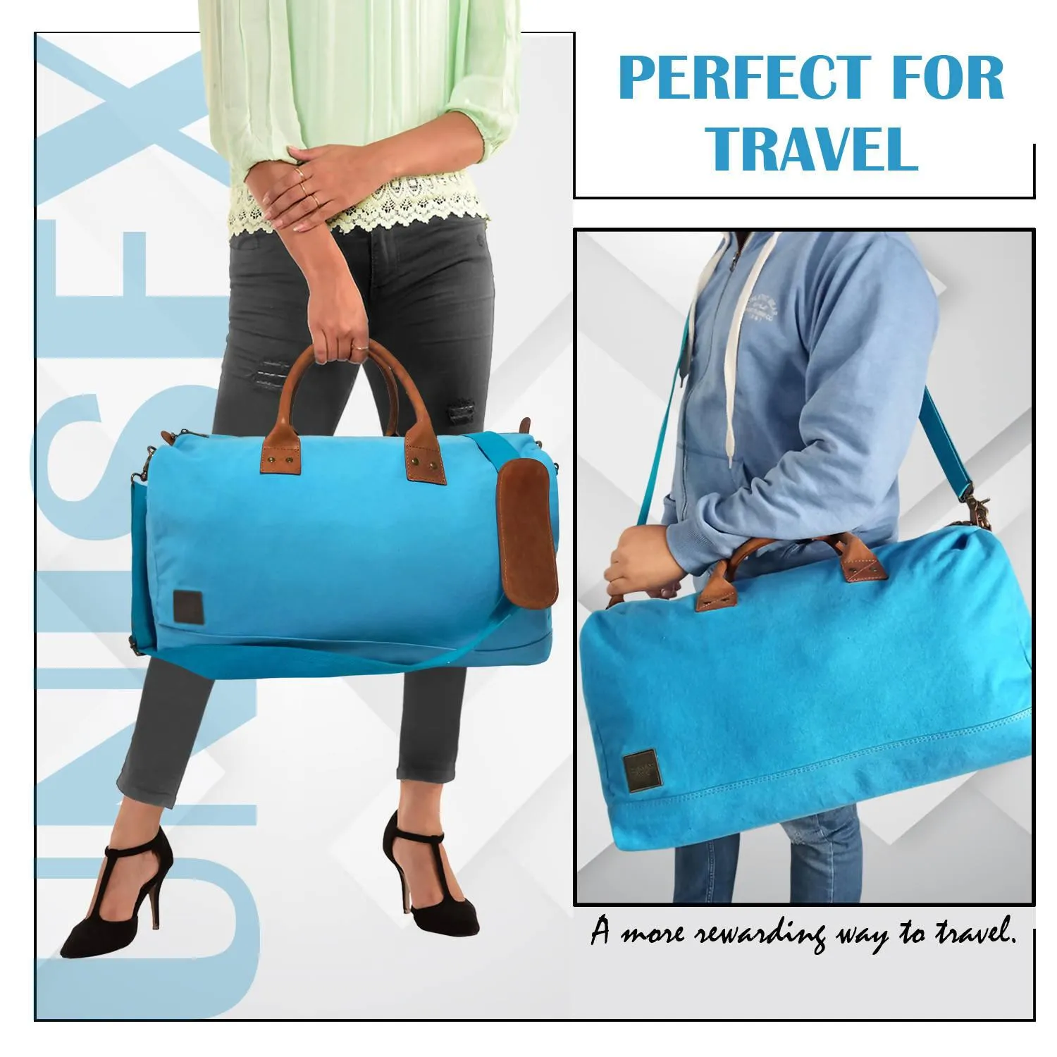 CANVAS & AWL Canvas with Genuine Leather Trim Unisex Travel Duffle Bag, Shoulder Weekender Overnight Bag (Turquoise)