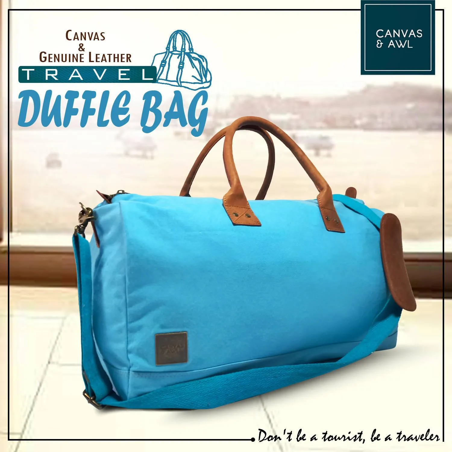 CANVAS & AWL Canvas with Genuine Leather Trim Unisex Travel Duffle Bag, Shoulder Weekender Overnight Bag (Turquoise)
