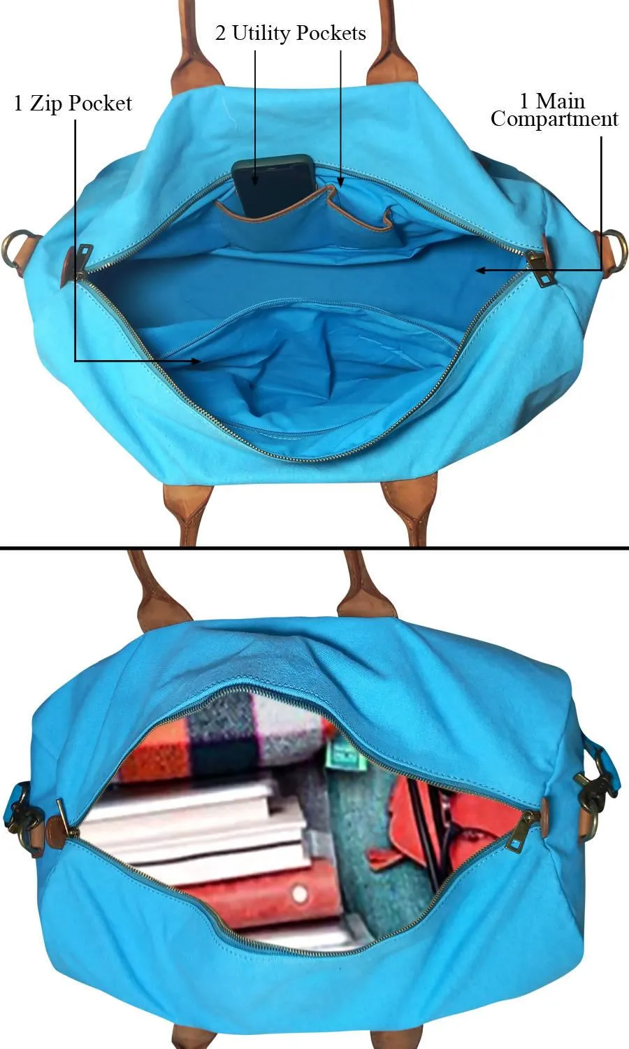 CANVAS & AWL Canvas with Genuine Leather Trim Unisex Travel Duffle Bag, Shoulder Weekender Overnight Bag (Turquoise)