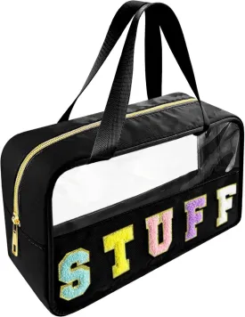 Chenille Letter Clear Makeup Bag Stuff Patch, Travel Toiletry Makeup Bag with Handle, Nylon Waterproof Makeup Bags clear cosmetic bag, preppy patch makeup bag for Women (STUFF-Black)