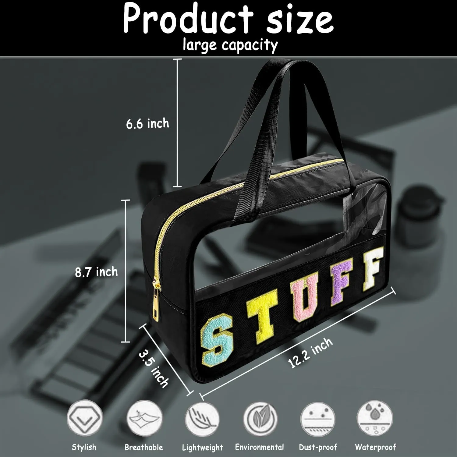 Chenille Letter Clear Makeup Bag Stuff Patch, Travel Toiletry Makeup Bag with Handle, Nylon Waterproof Makeup Bags clear cosmetic bag, preppy patch makeup bag for Women (STUFF-Black)