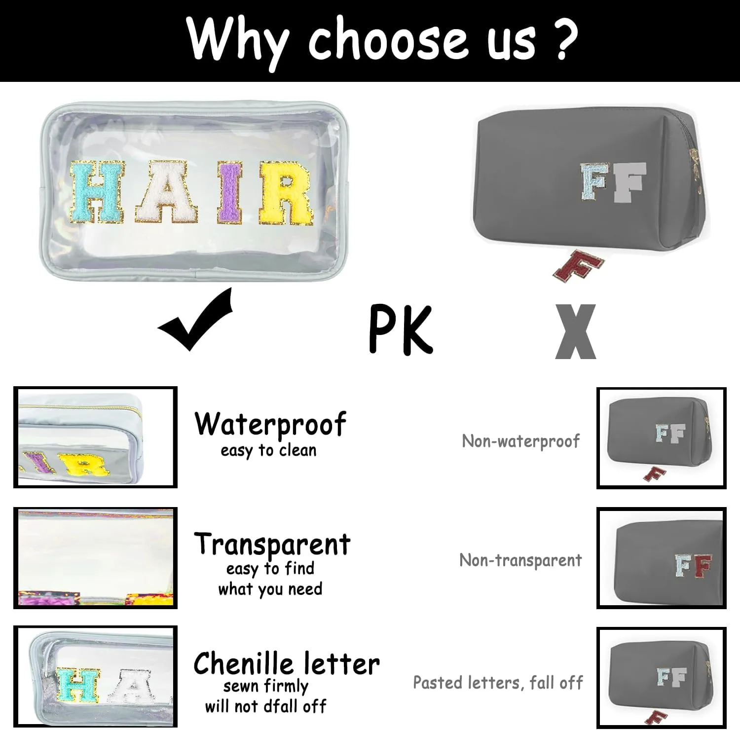 Chenille Letter Clear Makeup Bag Stuff Patch, Travel Toiletry Makeup Bag with Handle, Nylon Waterproof Makeup Bags clear cosmetic bag, preppy patch makeup bag for Women (STUFF-Black)