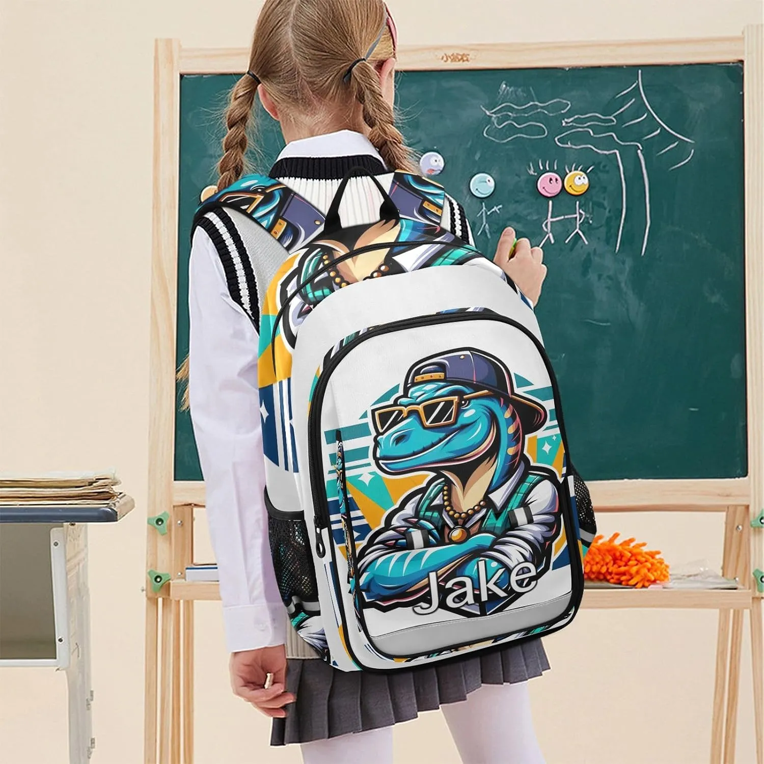 CHIFIGNO Cartoon Dinosaur White Monogram Kids Backpack, Custom Name Backpack with Lots of Pockets, Durable Breathable Back, Age 6-12