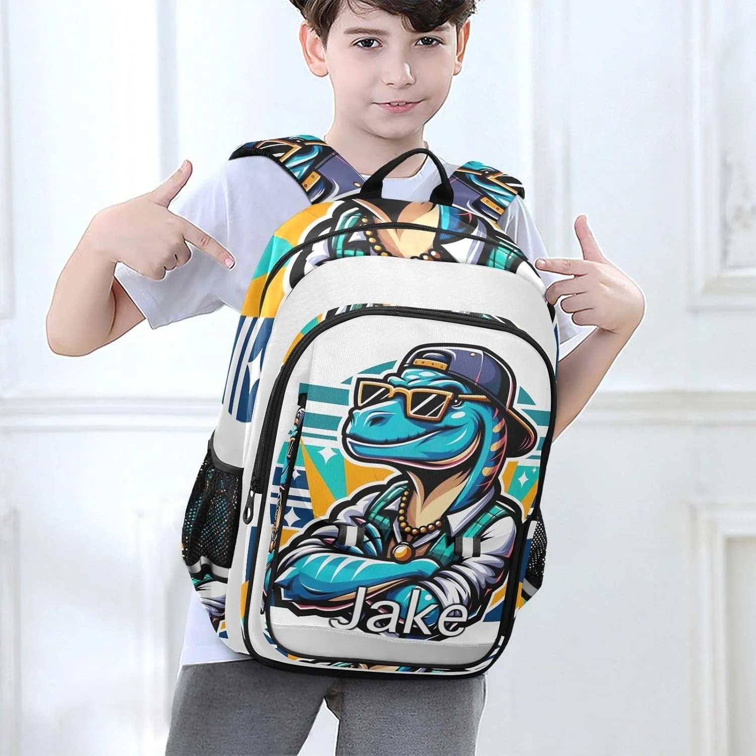CHIFIGNO Cartoon Dinosaur White Monogram Kids Backpack, Custom Name Backpack with Lots of Pockets, Durable Breathable Back, Age 6-12
