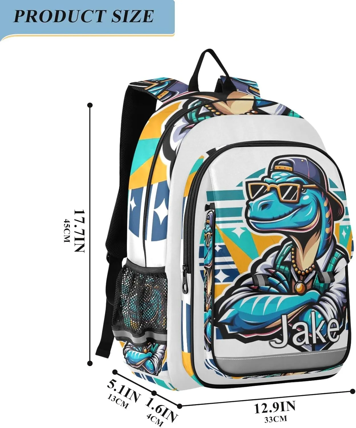 CHIFIGNO Cartoon Dinosaur White Monogram Kids Backpack, Custom Name Backpack with Lots of Pockets, Durable Breathable Back, Age 6-12