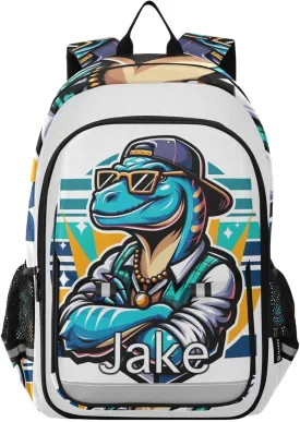 CHIFIGNO Cartoon Dinosaur White Monogram Kids Backpack, Custom Name Backpack with Lots of Pockets, Durable Breathable Back, Age 6-12
