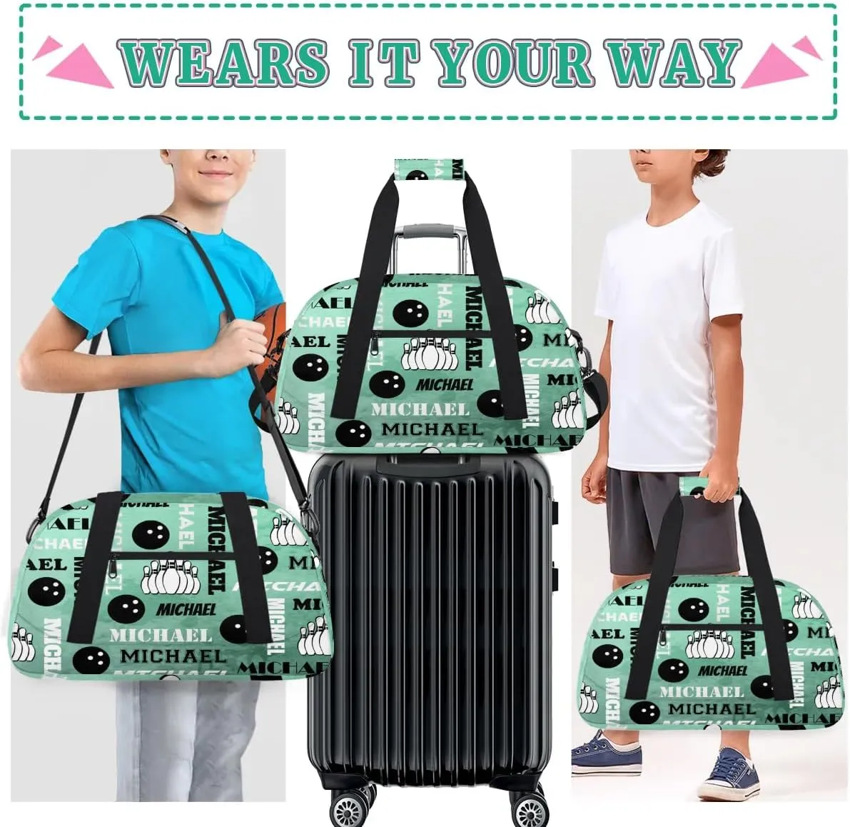 Custom Bowling Gym Bag Duffel Bag with Name, Personalized Sport Bag Overnight Bags Customized Travel Weekender Bag for Women Men, Light Green