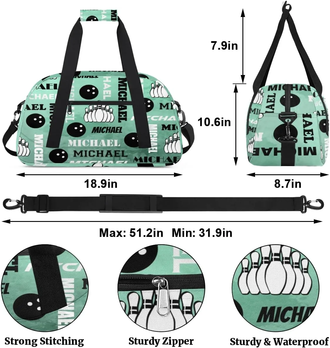 Custom Bowling Gym Bag Duffel Bag with Name, Personalized Sport Bag Overnight Bags Customized Travel Weekender Bag for Women Men, Light Green