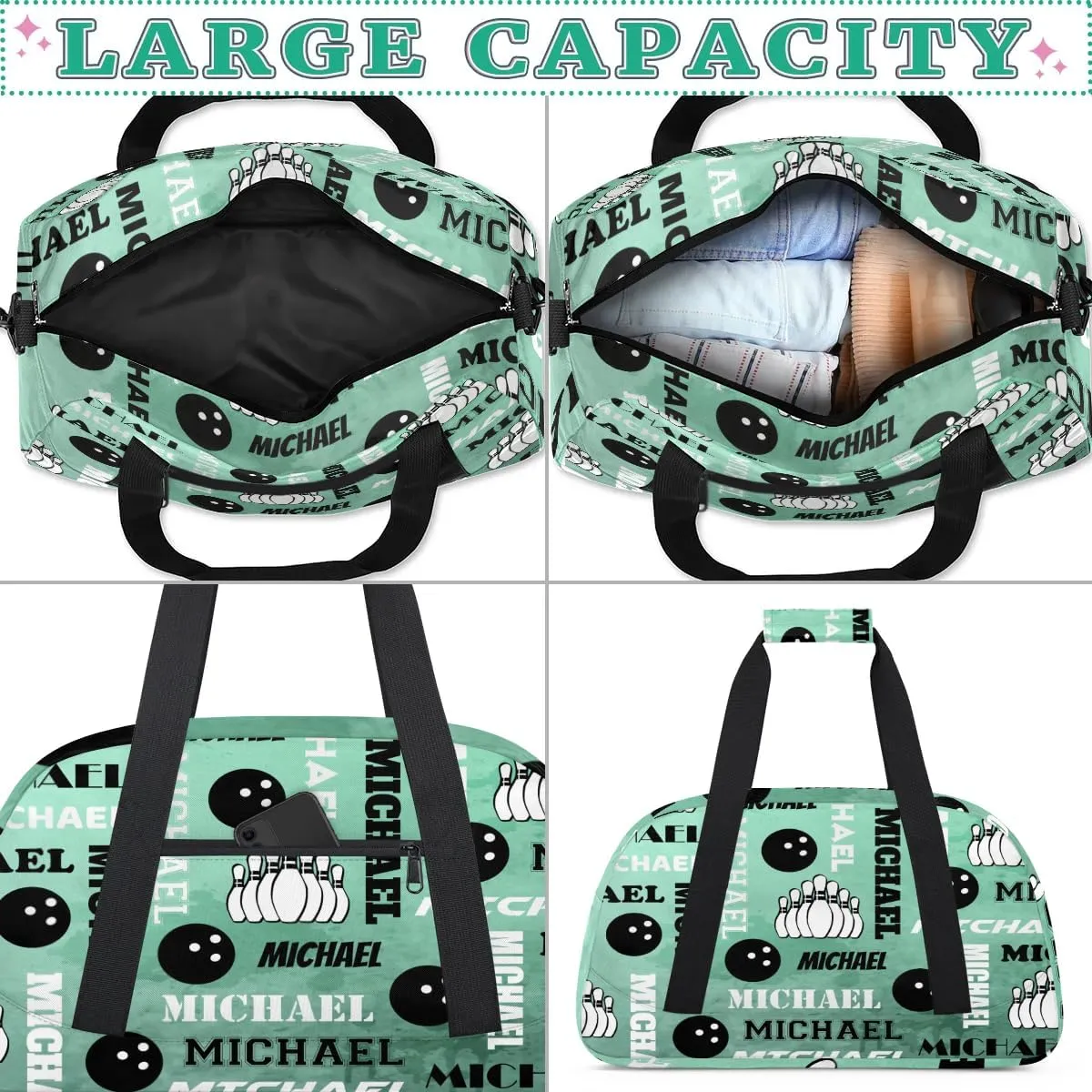 Custom Bowling Gym Bag Duffel Bag with Name, Personalized Sport Bag Overnight Bags Customized Travel Weekender Bag for Women Men, Light Green