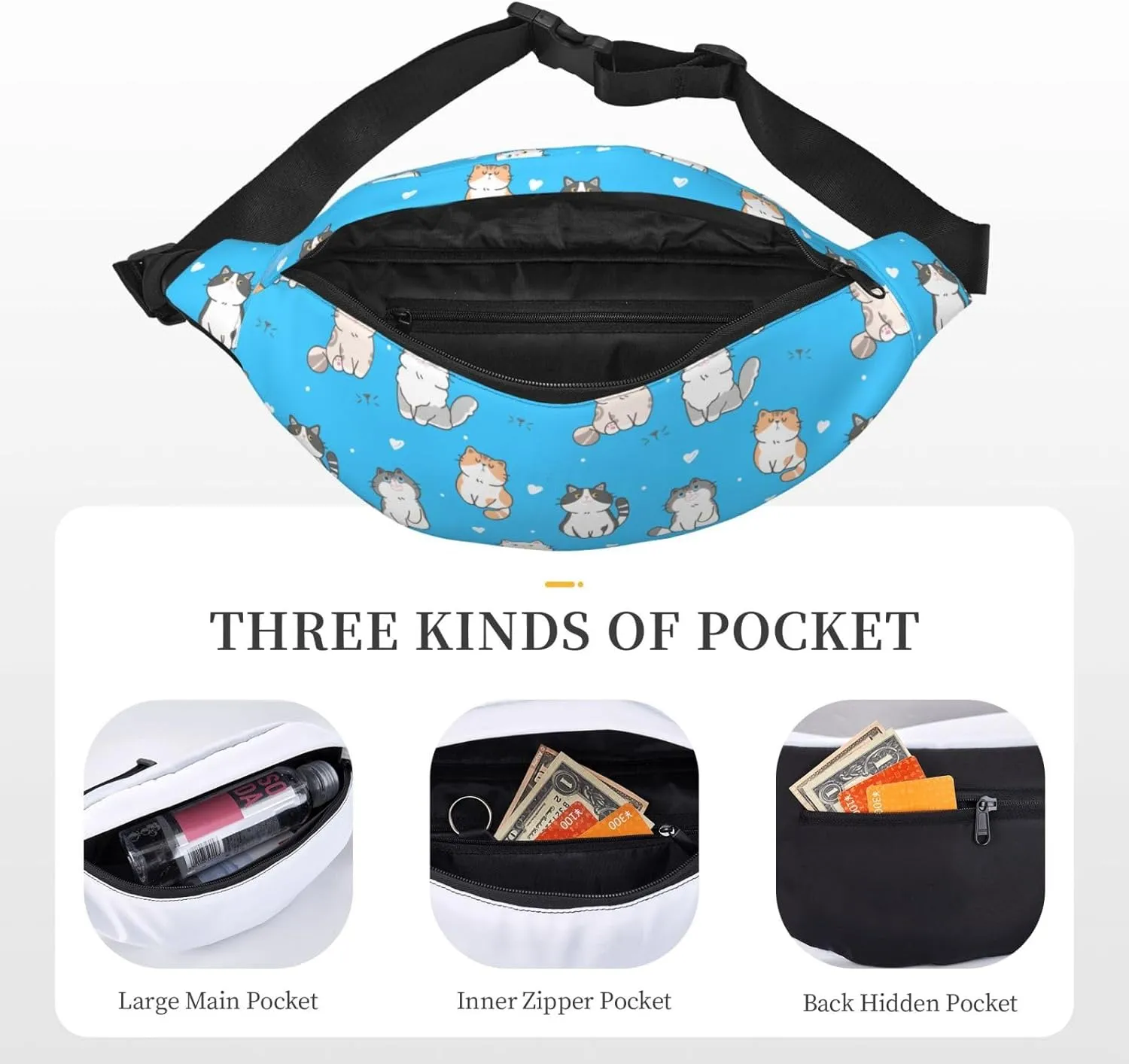 Cute Cat Waist Bag Gifts Men Fanny Pack Adjustable Strap And Headphone Jack Hip Bum Bag