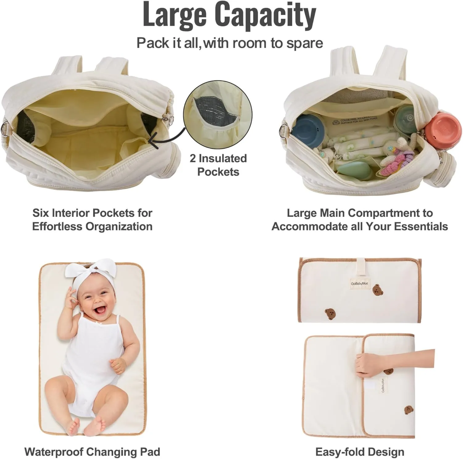 Diaper Bag Backpack, Mini Maternity baby bag with Changing Pad, Insulated Pockets, Stroller Straps & Pacifier Case (Beige - Bears)