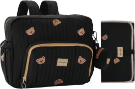 Diaper Bag Backpack, Mini Maternity baby bag with Changing Pad, Insulated Pockets, Stroller Straps & Pacifier Case (Black - Bears)
