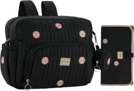 Diaper Bag Backpack, Mini Maternity baby bag with Changing Pad, Insulated Pockets, Stroller Straps & Pacifier Case (Black - Flowers)