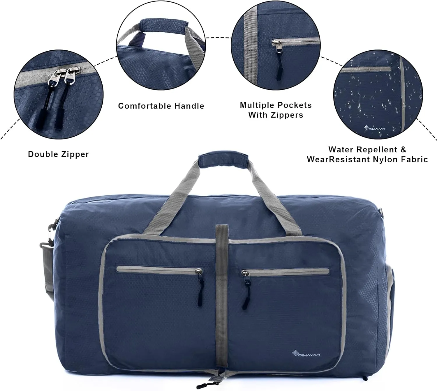Dimayar Travel Duffle Bag for Men Women - Foldable Duffel Bag with Shoes Compartment - Overnight Bags Waterproof & Tear Resistant(65L,Dark Blue)