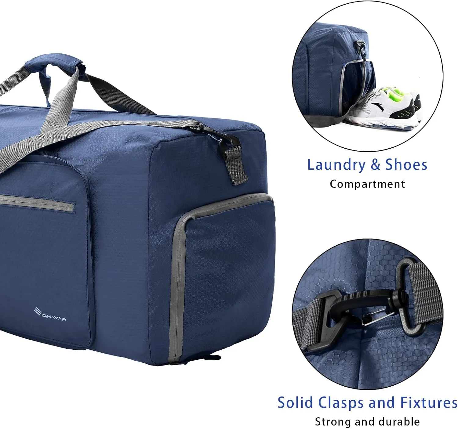 Dimayar Travel Duffle Bag for Men Women - Foldable Duffel Bag with Shoes Compartment - Overnight Bags Waterproof & Tear Resistant(65L,Dark Blue)