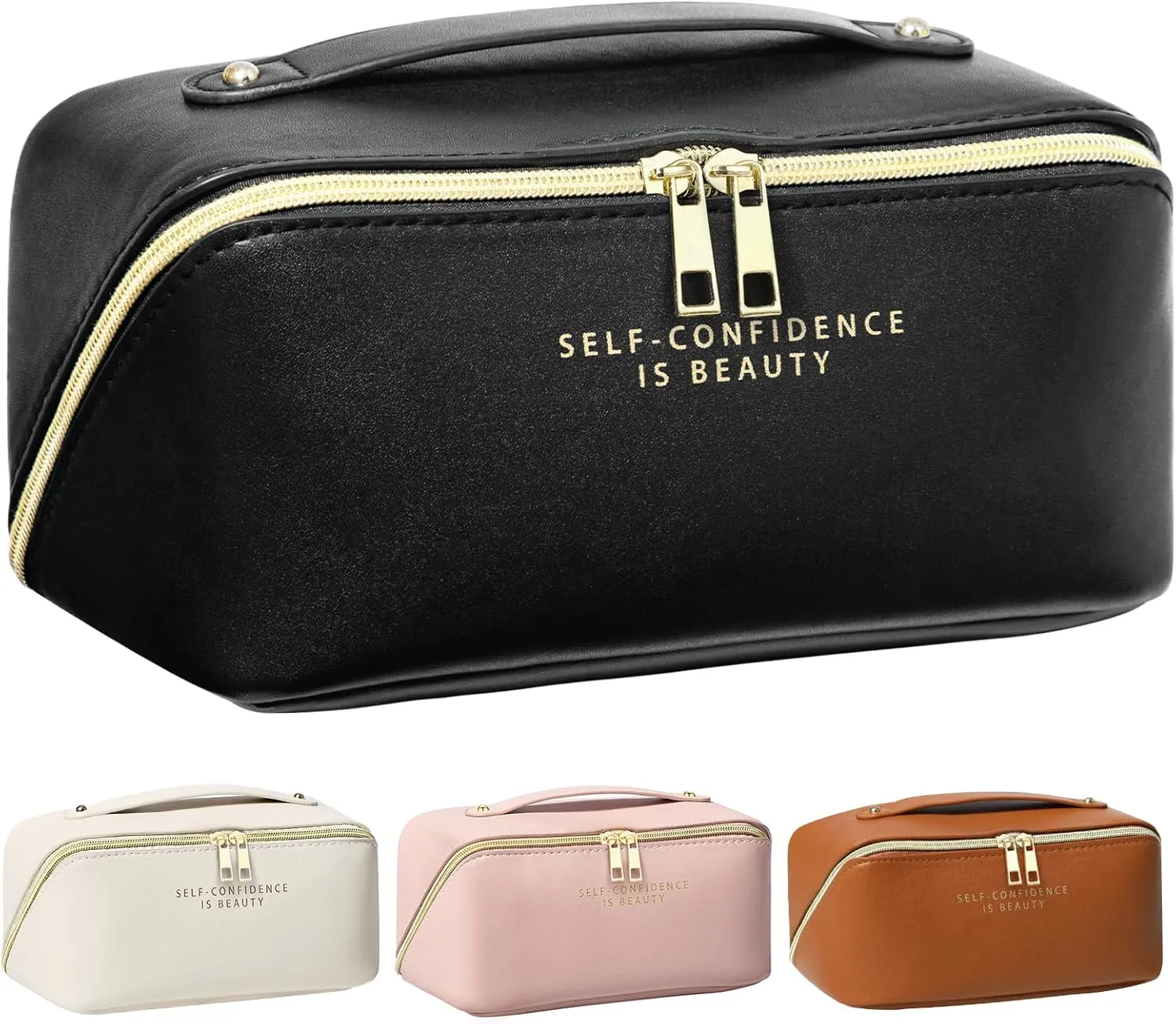 DOFOWORK Makeup Bag - Make up Bag for Women, Travel Makeup Bag with Divider and Handle, Washable Waterproof Comestic Bag PU Leather, Open Flat