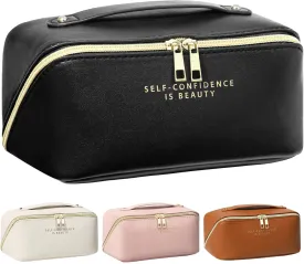 DOFOWORK Makeup Bag - Make up Bag for Women, Travel Makeup Bag with Divider and Handle, Washable Waterproof Comestic Bag PU Leather, Open Flat