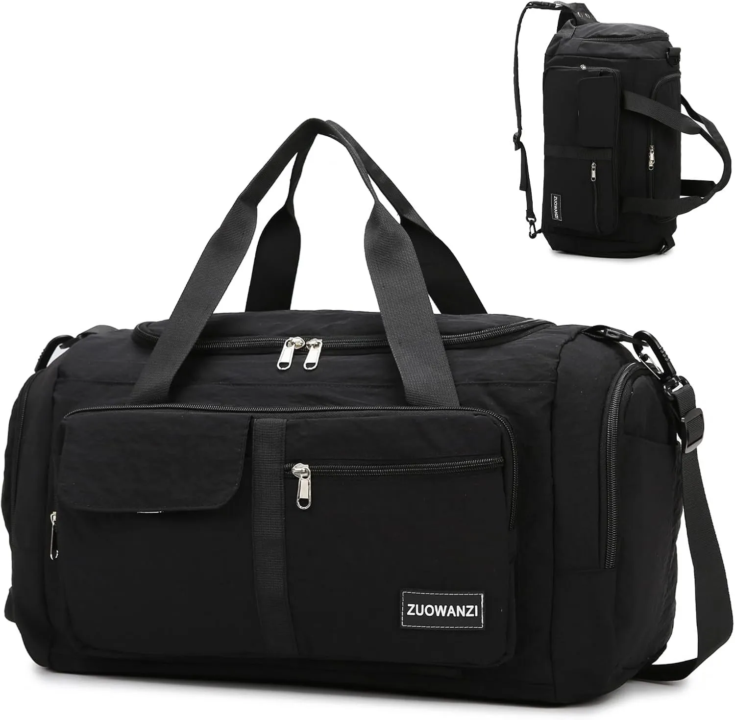 Eslcorri Foldable Duffle Gym Bags for Women Men Small 3 in 1 Travel Duffel Backpack with Shoe & Wet Pocket Collapsible Carry On Personal Item Luggage Fit for Overnight Weekender Sport Fitness -Black