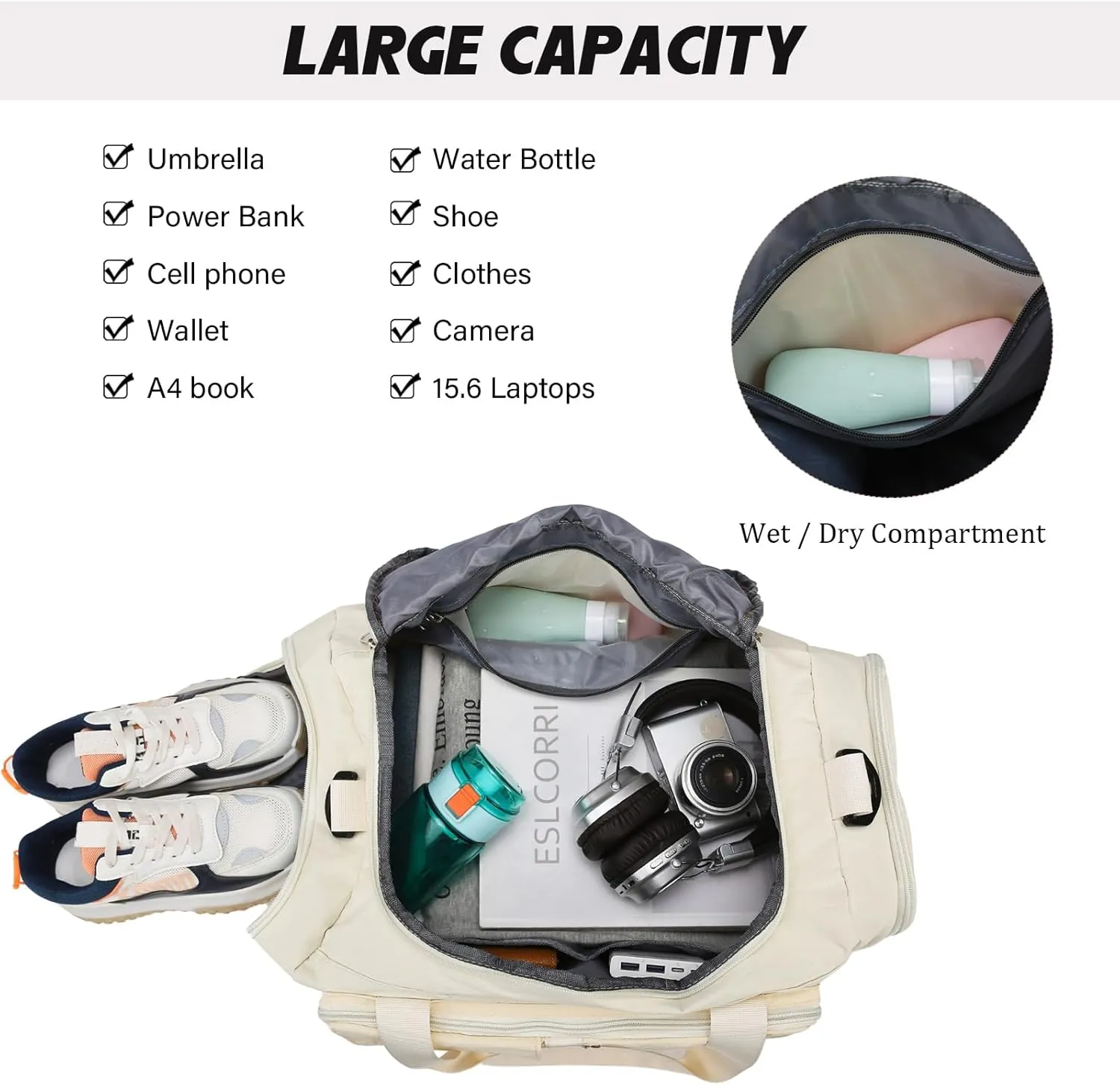 Eslcorri Foldable Duffle Gym Bags for Women Men Small 3 in 1 Travel Duffel Backpack with Shoe & Wet Pocket Collapsible Carry On Personal Item Luggage Fit for Overnight Weekender Sport Fitness -Black