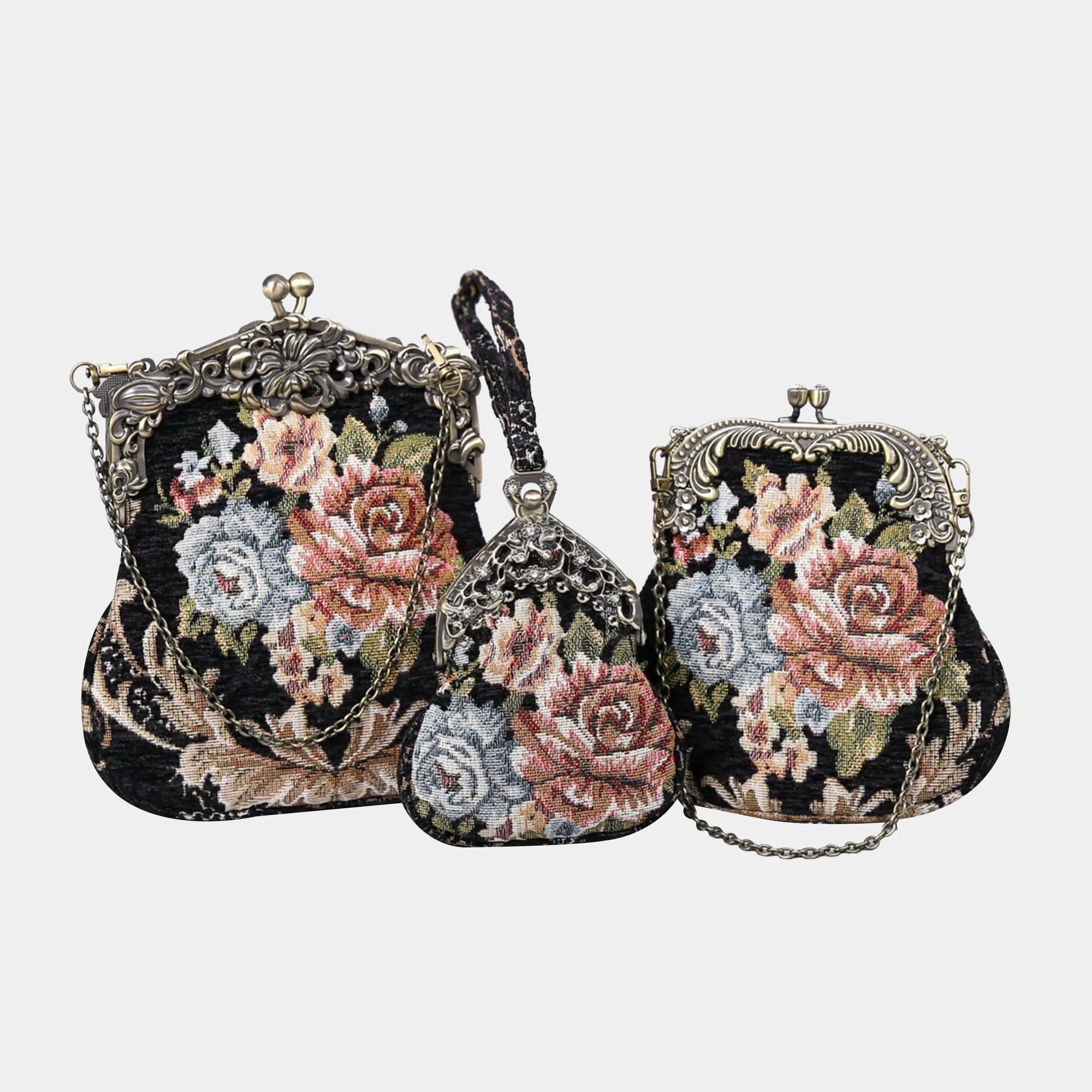 Floral Black Chatelaine Purse Wristlet Bag