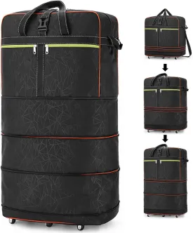 Foldable Duffel Bag,Large Expandable Rolling Travel Duffle Bag with Wheels Waterproof Collapsible Luggage Carry on Duffel Bag with Wheels and Handle-Black