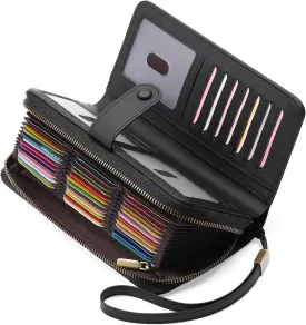 GAEKEAO Leather Credit Card Holder Wallet for Women RFID Blocking Large Capacity Bifold Zipper Card Case Organizer with Wristlet 45 Slots
