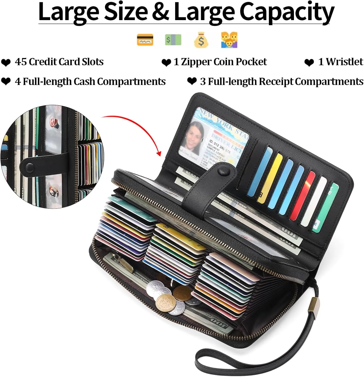 GAEKEAO Leather Credit Card Holder Wallet for Women RFID Blocking Large Capacity Bifold Zipper Card Case Organizer with Wristlet 45 Slots