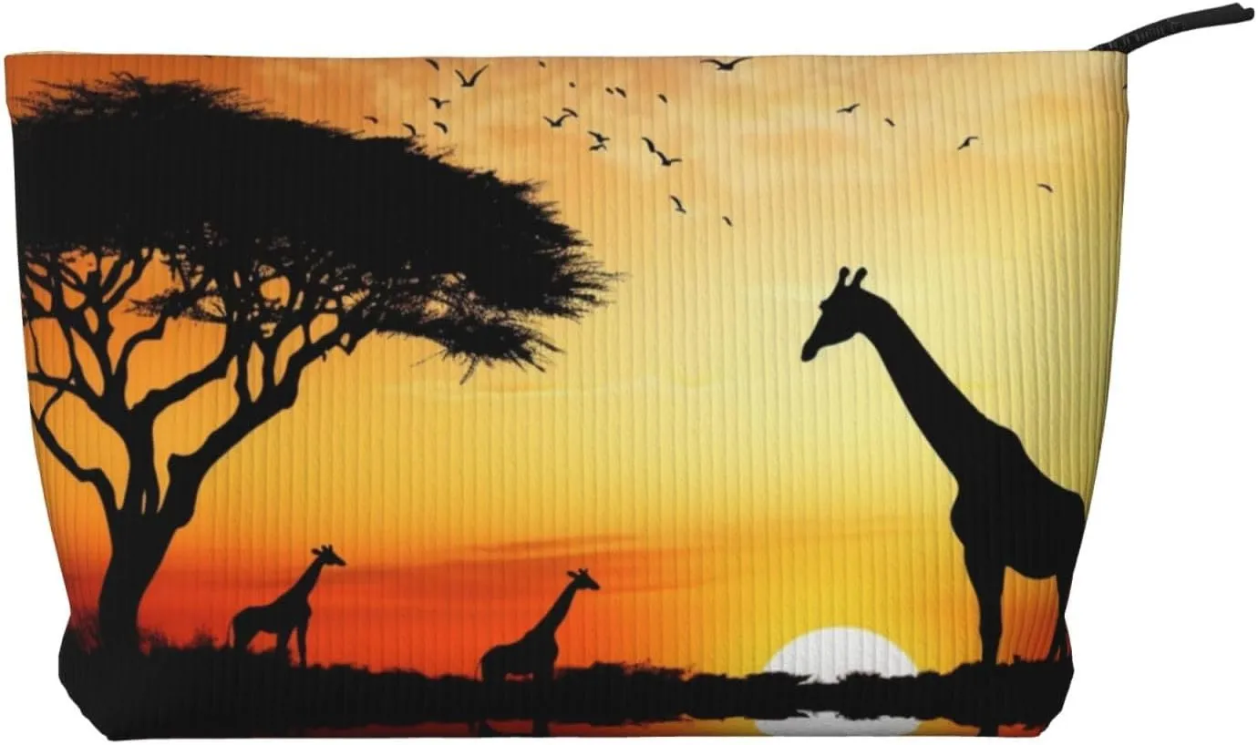 Giraffe Sunset printed Corduroy Makeup Bag Travel Toiletry Bag Cosmetic Bag Clutch Bag