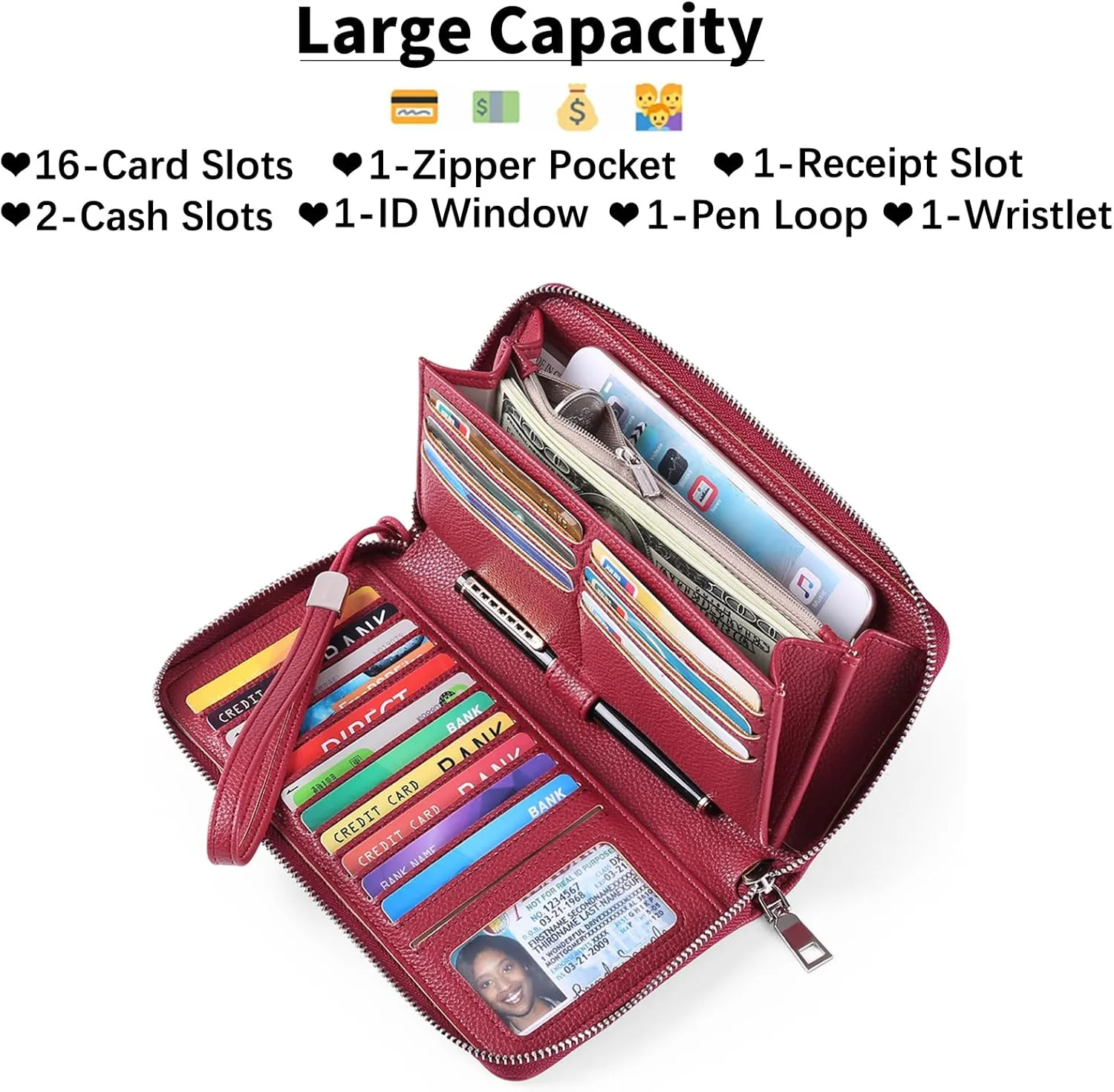 GOIACII Womens Wallet RFID Blocking Leather Zip Around Wallet Large Capacity Long Purse Credit Card Clutch Wristlet
