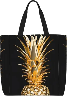 (Gold Pineapple) Tote Bag With Pattern For Women Gift Sturdy Tote Bag For Vacation, Shopping, Grocery, Gift